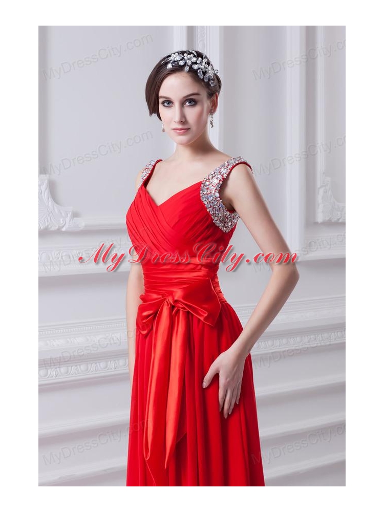 Empire Red Straps Chiffon Prom Dress with Beading and Bowknot