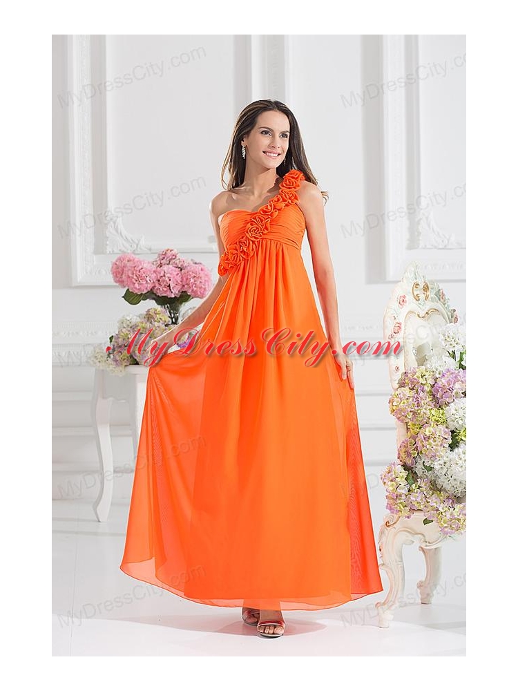 Empire Ruching Hand Make Flowers Orange Red Prom Dress