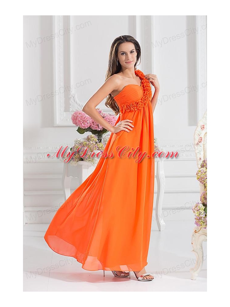 Empire Ruching Hand Make Flowers Orange Red Prom Dress