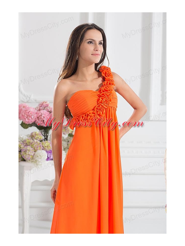 Empire Ruching Hand Make Flowers Orange Red Prom Dress