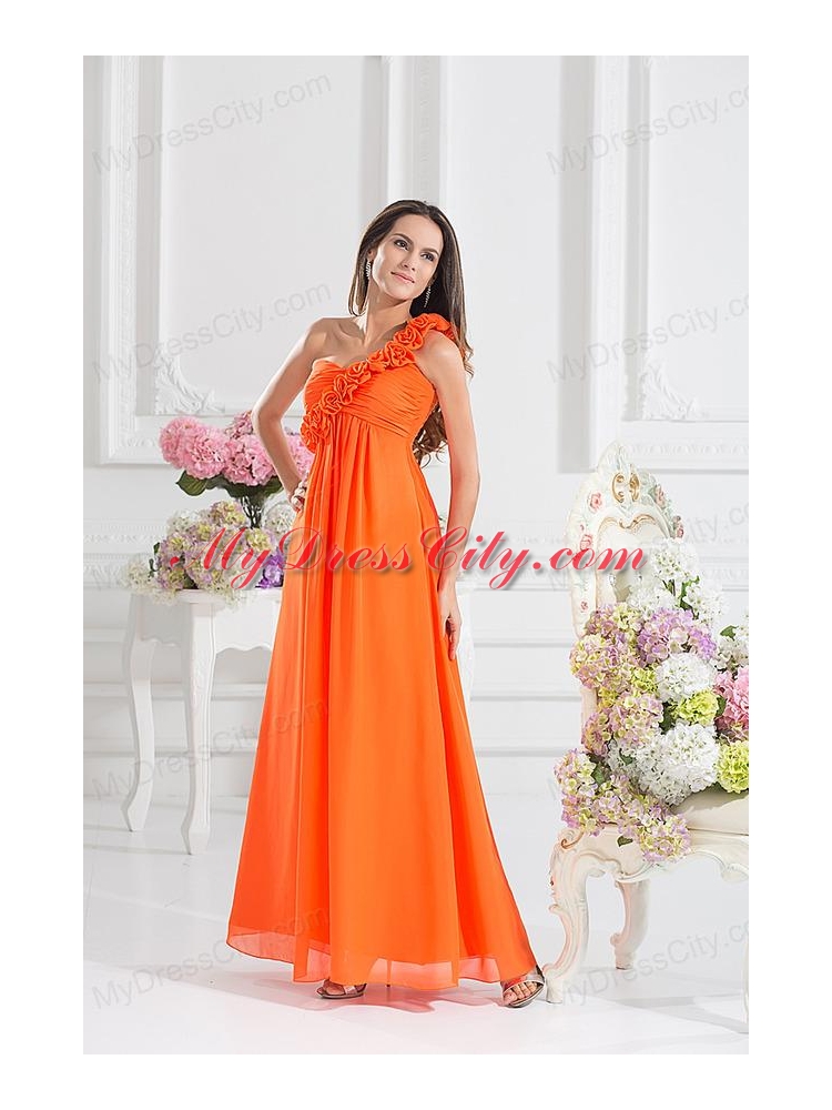 Empire Ruching Hand Make Flowers Orange Red Prom Dress