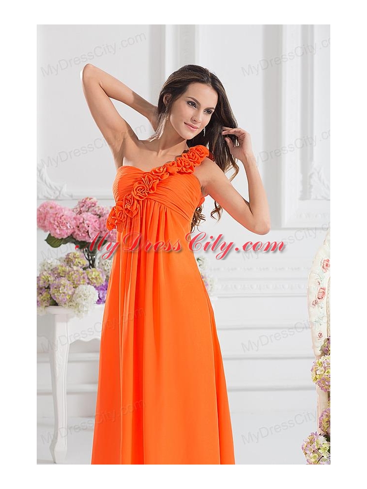 Empire Ruching Hand Make Flowers Orange Red Prom Dress