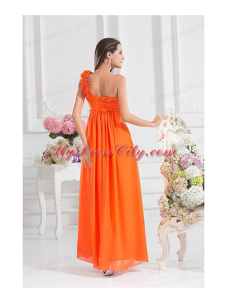 Empire Ruching Hand Make Flowers Orange Red Prom Dress