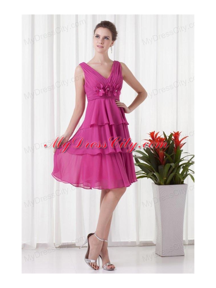 Empire V-neck Knee-length Fuchsia Chiffon Ruching Prom Dress