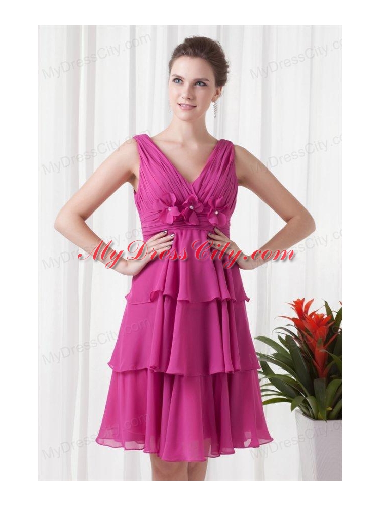 Empire V-neck Knee-length Fuchsia Chiffon Ruching Prom Dress