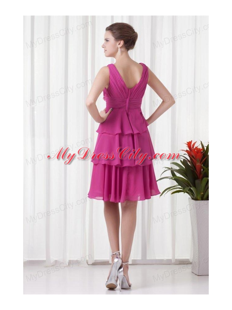 Empire V-neck Knee-length Fuchsia Chiffon Ruching Prom Dress