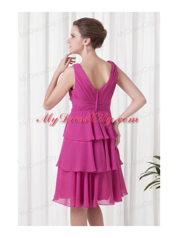 Empire V-neck Knee-length Fuchsia Chiffon Ruching Prom Dress