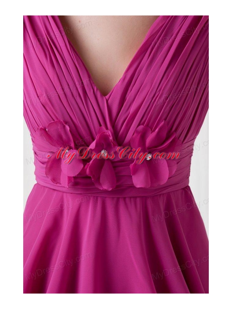 Empire V-neck Knee-length Fuchsia Chiffon Ruching Prom Dress