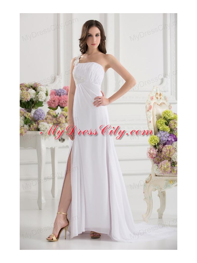 Empire White One Shoulder High Slit Brush Train Chiffon Prom Dress