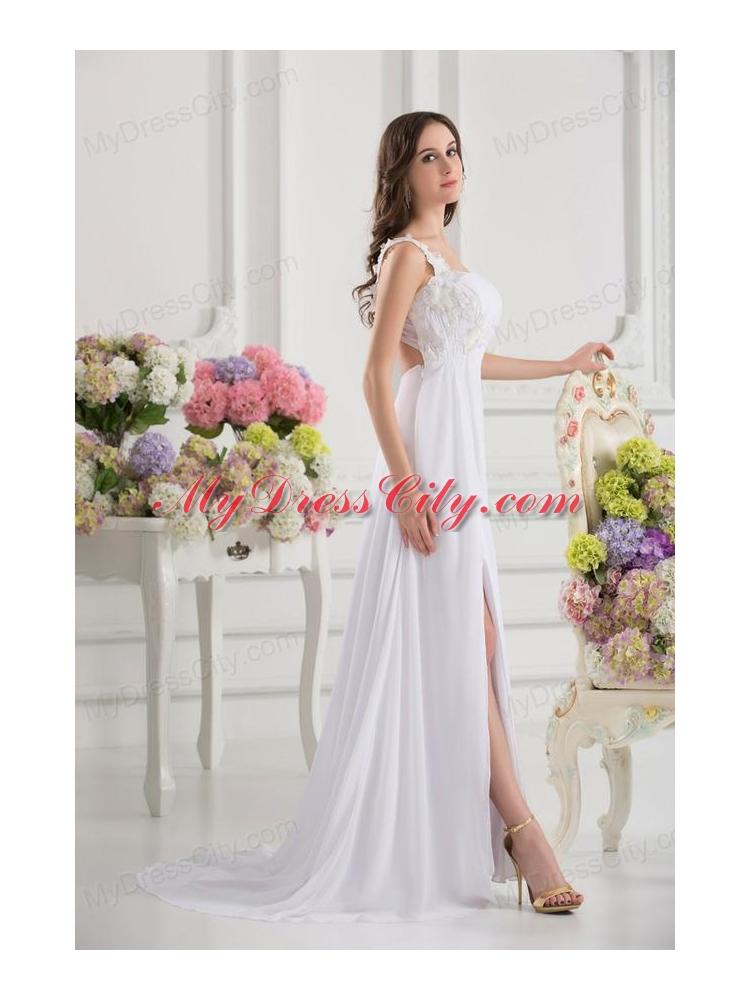 Empire White One Shoulder High Slit Brush Train Chiffon Prom Dress