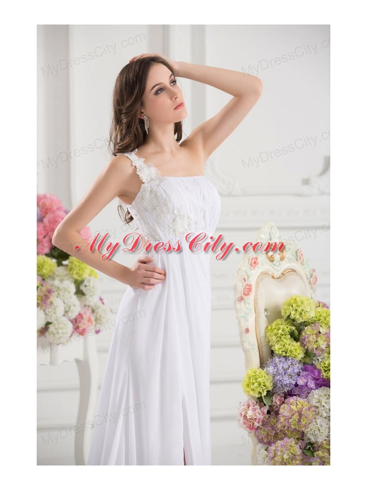 Empire White One Shoulder High Slit Brush Train Chiffon Prom Dress