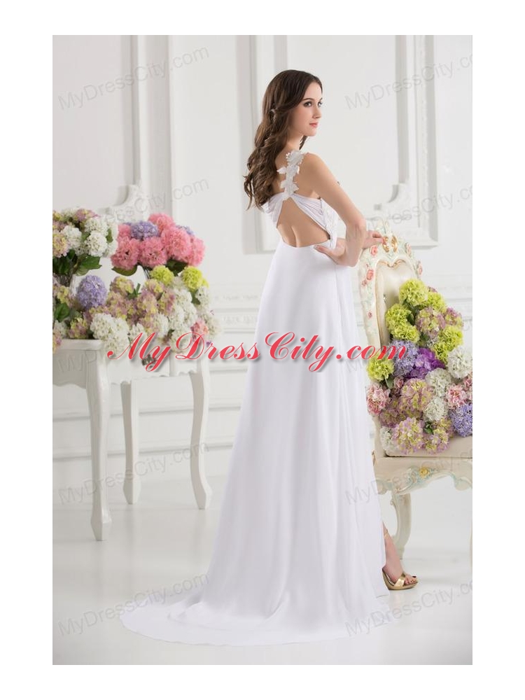 Empire White One Shoulder High Slit Brush Train Chiffon Prom Dress