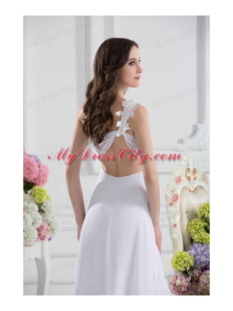 Empire White One Shoulder High Slit Brush Train Chiffon Prom Dress