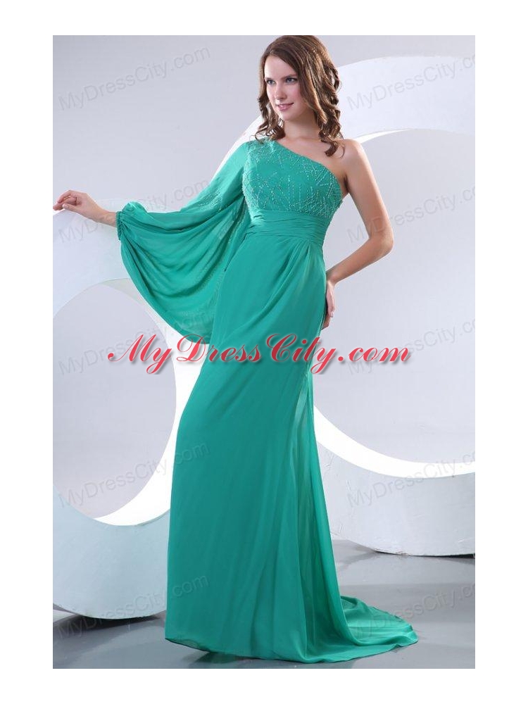 Green One Shoulder Long Sleeve Beaded Decorate Prom Dress for 2014