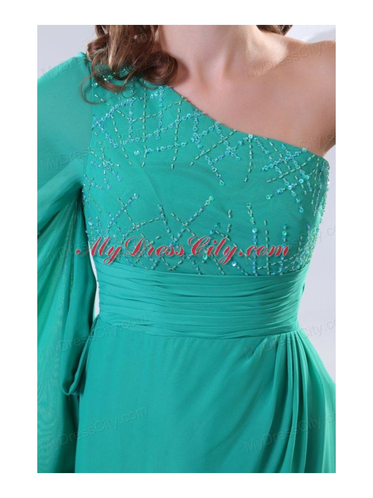 Green One Shoulder Long Sleeve Beaded Decorate Prom Dress for 2014