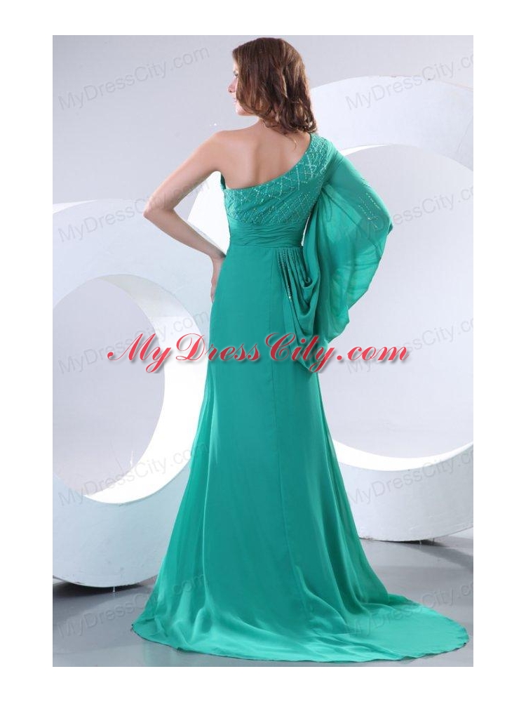 Green One Shoulder Long Sleeve Beaded Decorate Prom Dress for 2014