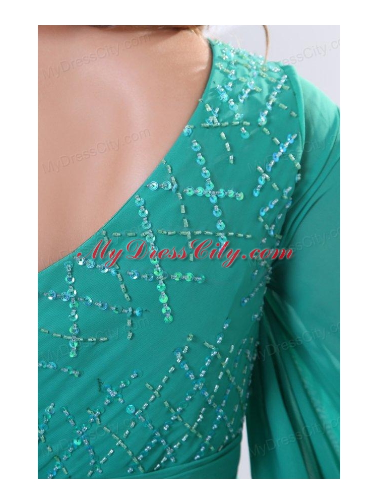 Green One Shoulder Long Sleeve Beaded Decorate Prom Dress for 2014