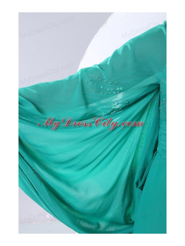 Green One Shoulder Long Sleeve Beaded Decorate Prom Dress for 2014