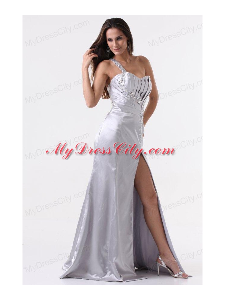 High Slit Silver One Shoulder Prom Dress with Ruching and Beading