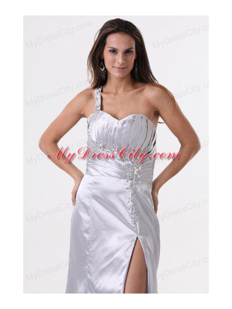 High Slit Silver One Shoulder Prom Dress with Ruching and Beading