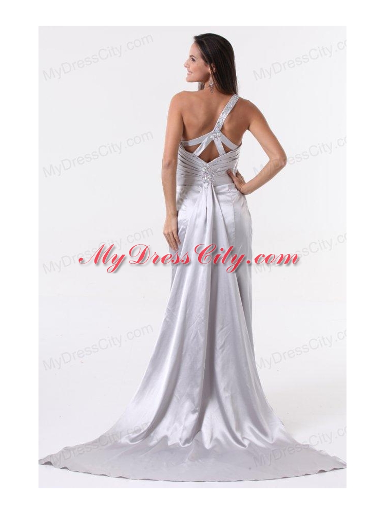 High Slit Silver One Shoulder Prom Dress with Ruching and Beading