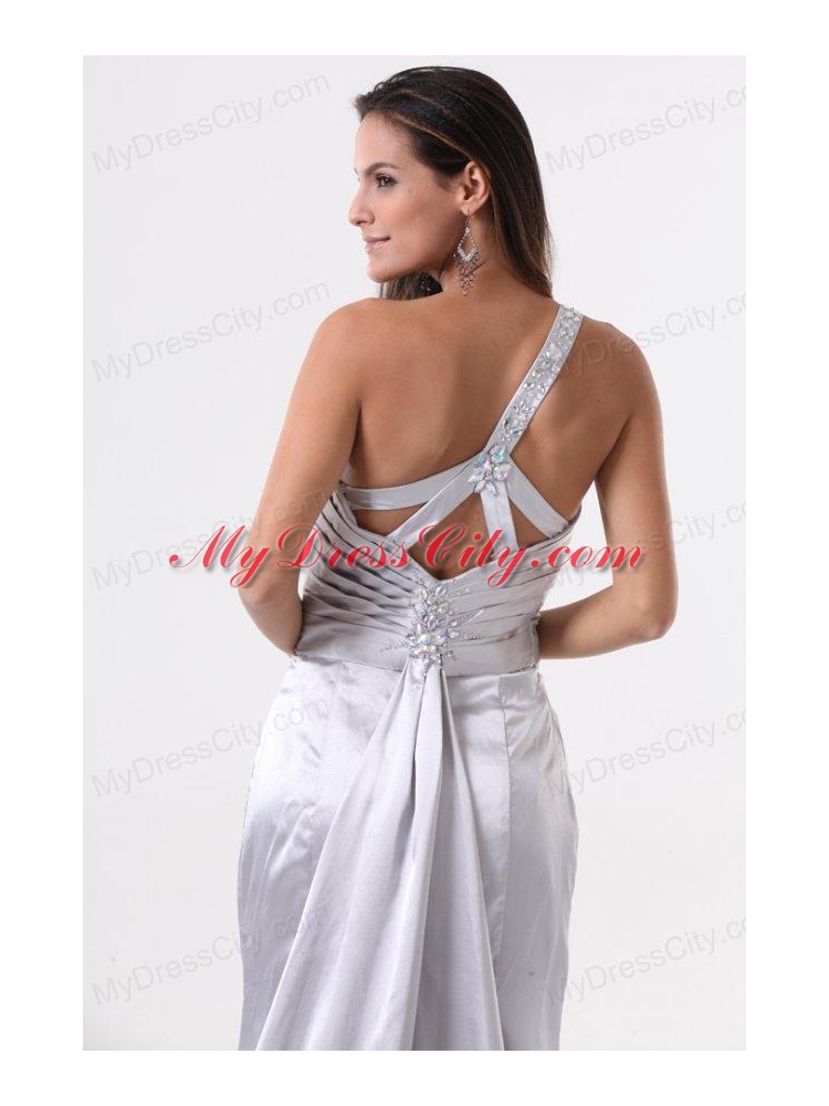 High Slit Silver One Shoulder Prom Dress with Ruching and Beading