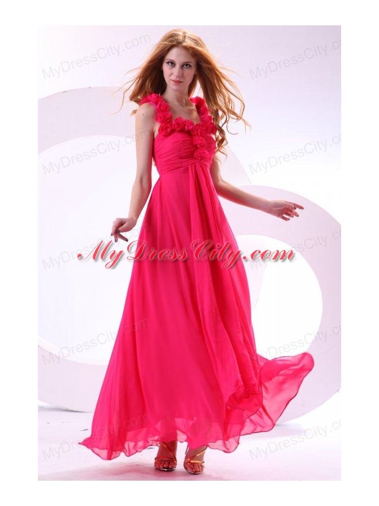 Hot Pink Empire Straps Ankle-length Ruching Chiffon Prom Dress