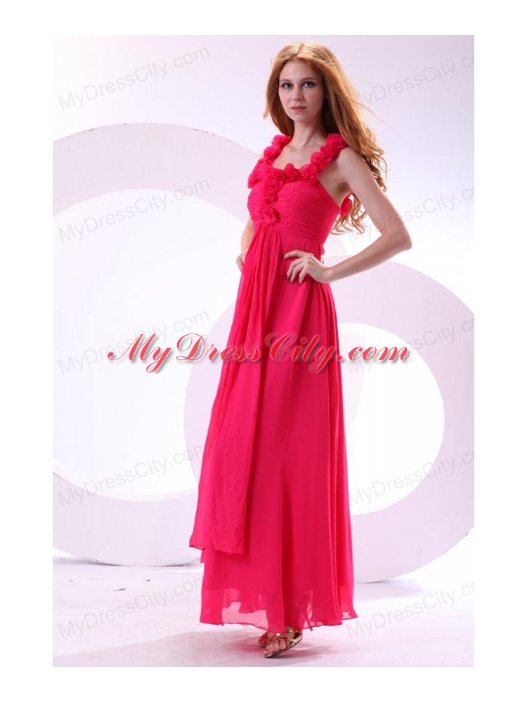 Hot Pink Empire Straps Ankle-length Ruching Chiffon Prom Dress