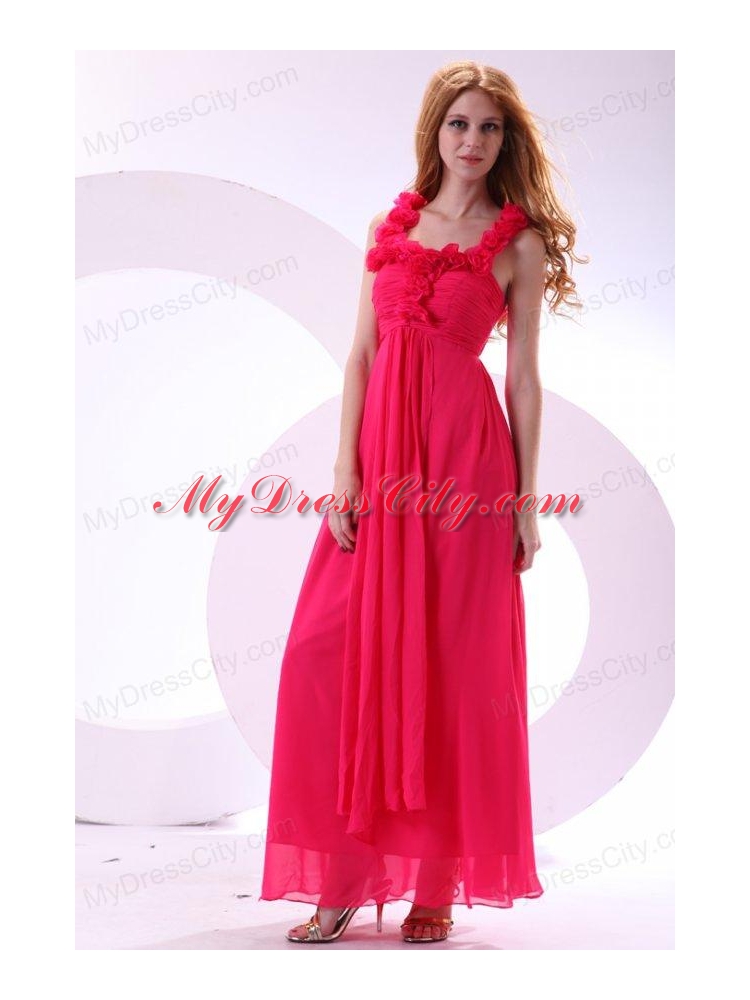 Hot Pink Empire Straps Ankle-length Ruching Chiffon Prom Dress