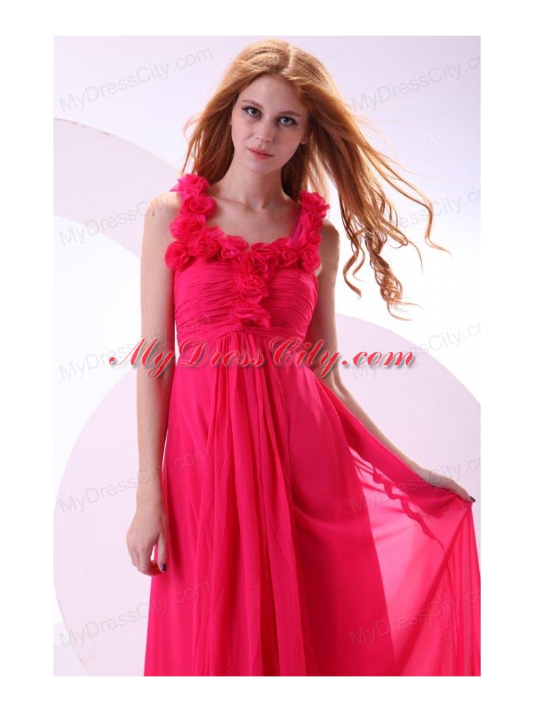 Hot Pink Empire Straps Ankle-length Ruching Chiffon Prom Dress