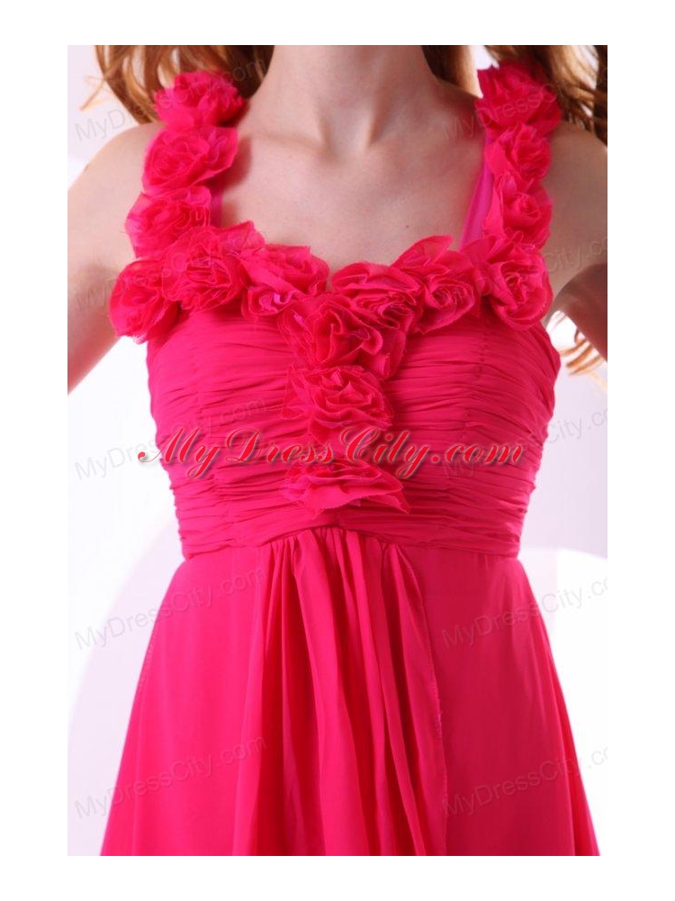 Hot Pink Empire Straps Ankle-length Ruching Chiffon Prom Dress