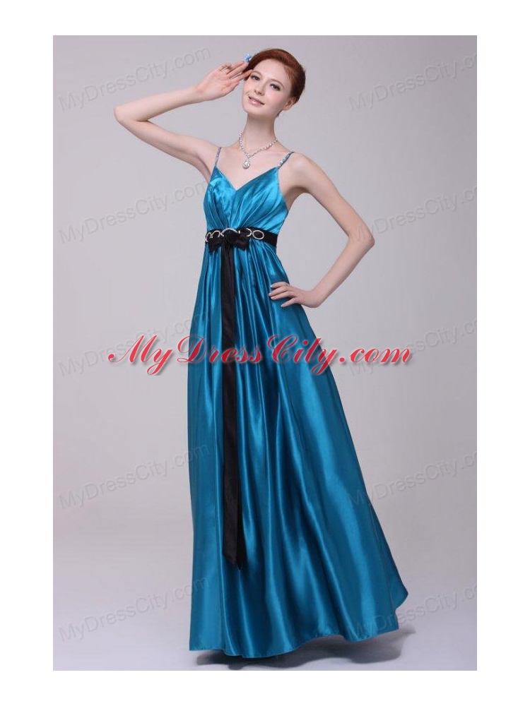 Informal Empire Straps Floor-length Elastic Woven Satin Teal Prom Dress with Beading