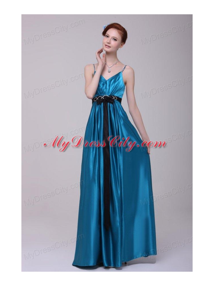 Informal Empire Straps Floor-length Elastic Woven Satin Teal Prom Dress with Beading