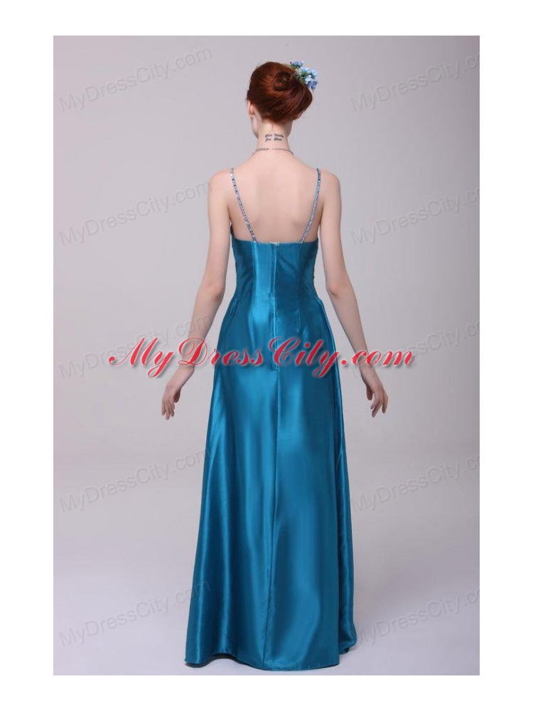 Informal Empire Straps Floor-length Elastic Woven Satin Teal Prom Dress with Beading