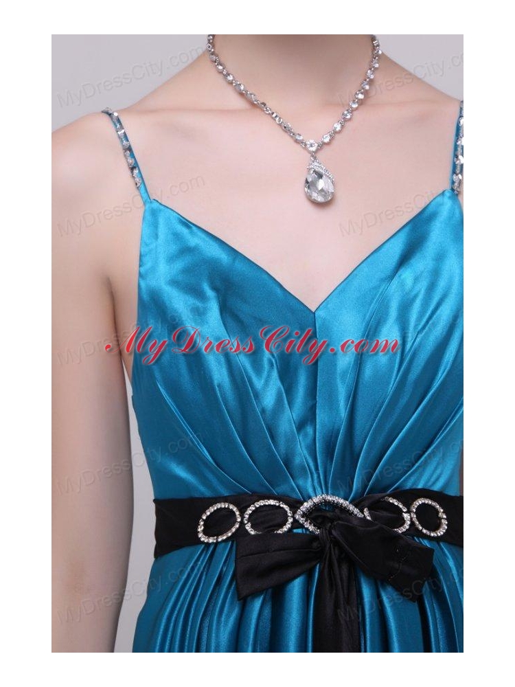 Informal Empire Straps Floor-length Elastic Woven Satin Teal Prom Dress with Beading