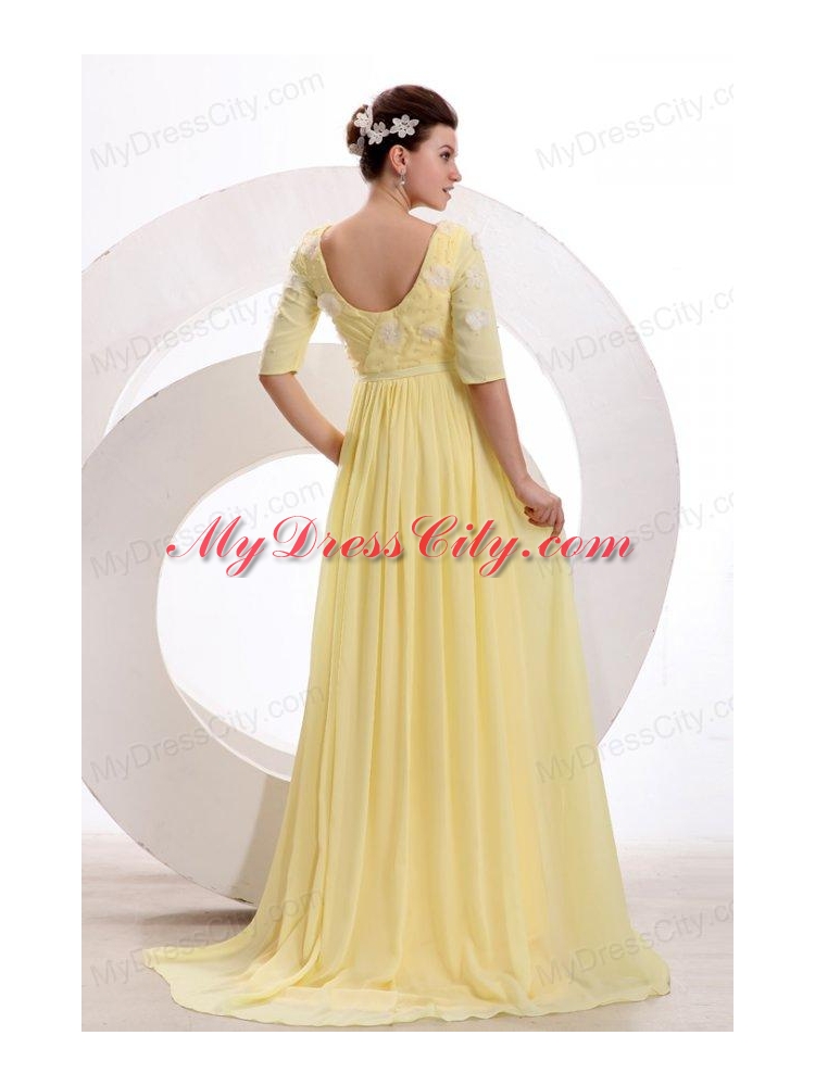 Light Yellow Empire Bateau Appliques with Beading Short Sleeves Prom Dress