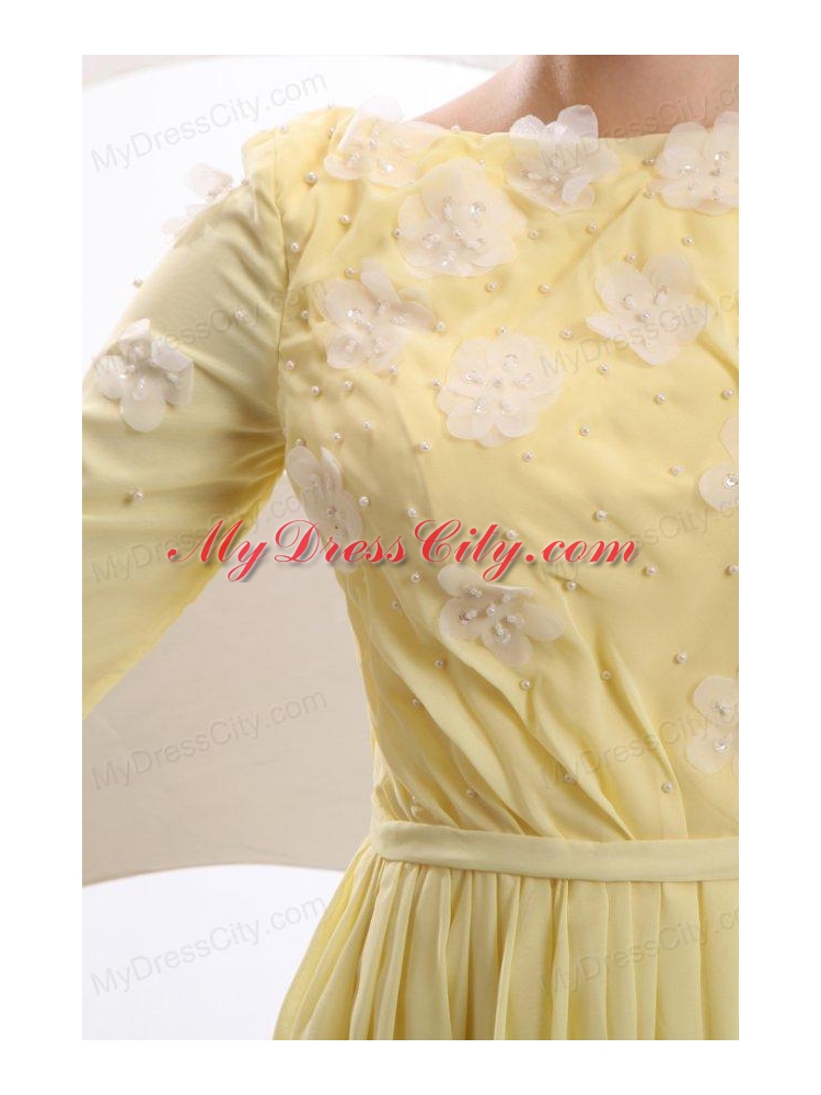 Light Yellow Empire Bateau Appliques with Beading Short Sleeves Prom Dress