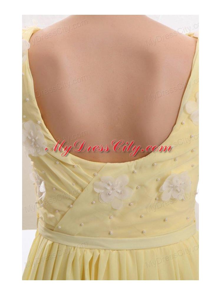 Light Yellow Empire Bateau Appliques with Beading Short Sleeves Prom Dress