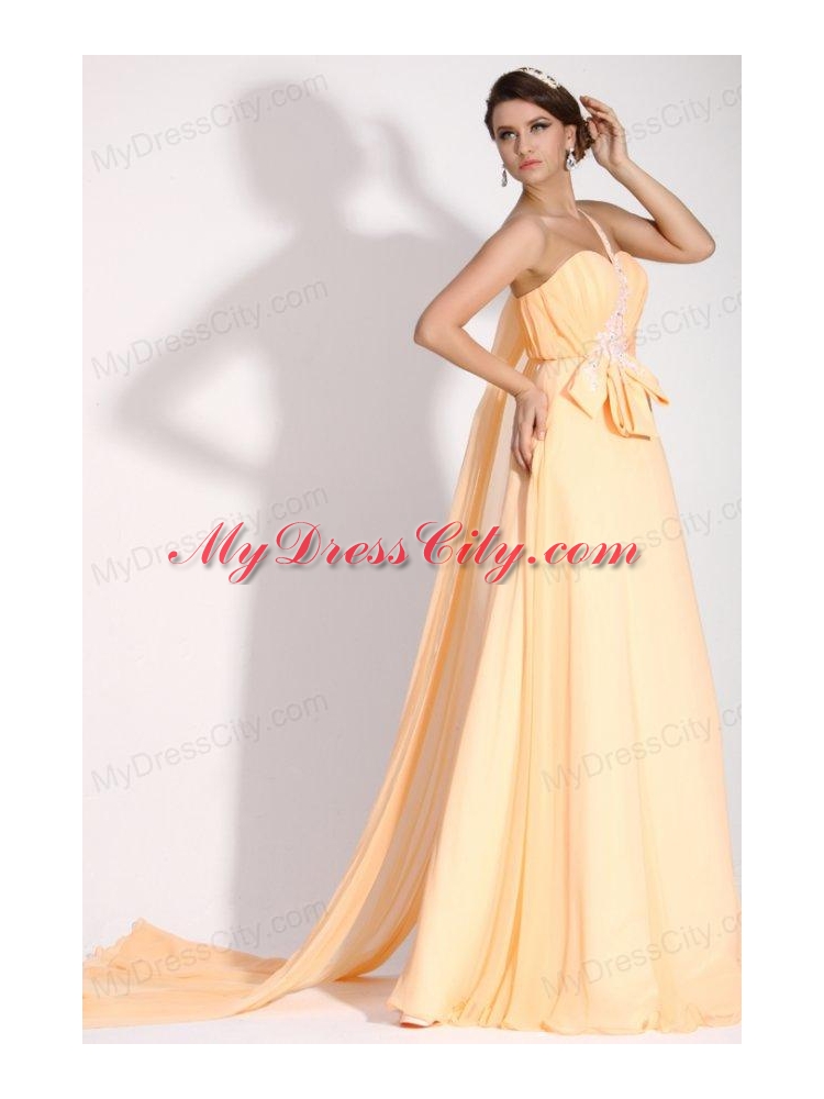 Light Yellow One Shoulder Appliques Chiffon Prom Dress