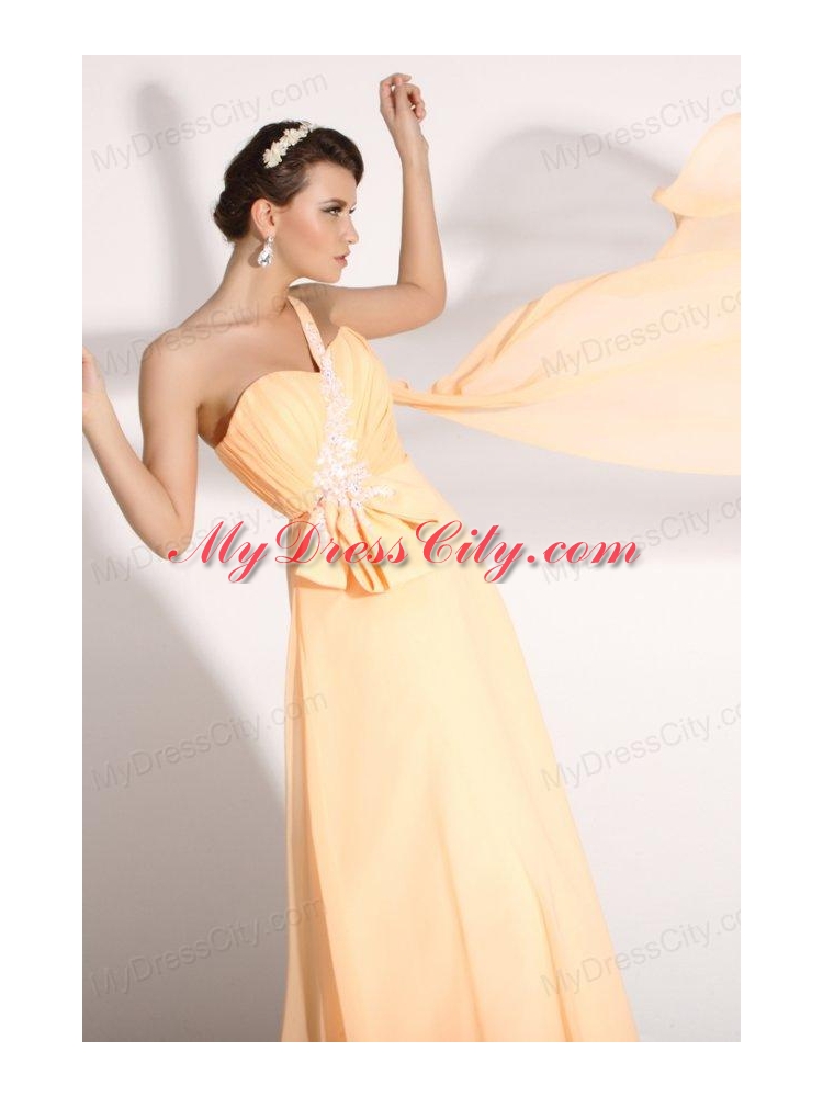 Light Yellow One Shoulder Appliques Chiffon Prom Dress