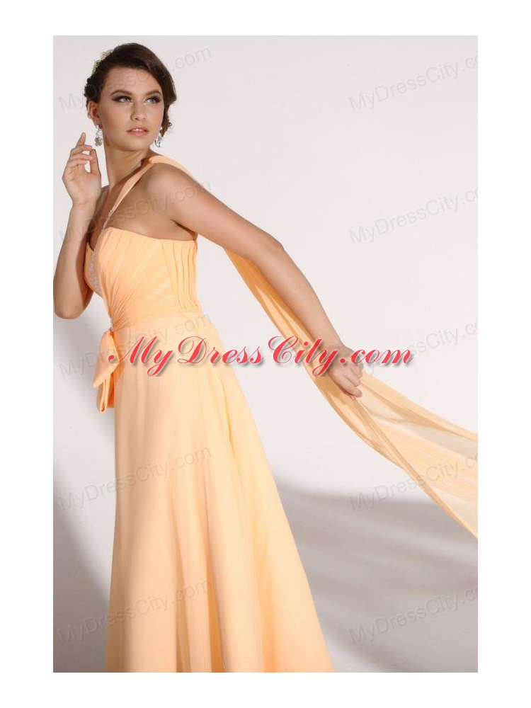 Light Yellow One Shoulder Appliques Chiffon Prom Dress