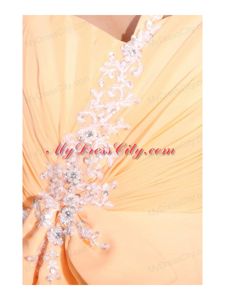 Light Yellow One Shoulder Appliques Chiffon Prom Dress