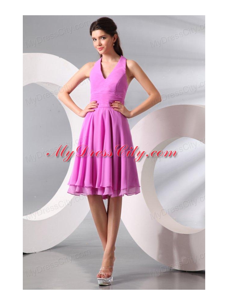 Lilac Halter Top Ruching Knee-length Chiffon Prom Dress