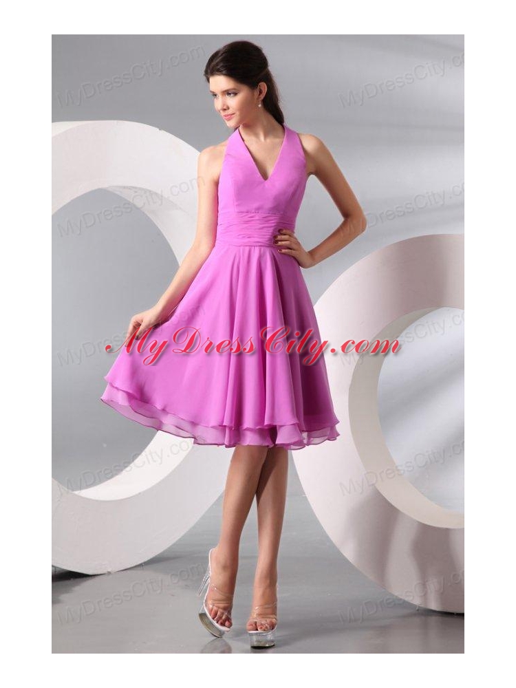 Lilac Halter Top Ruching Knee-length Chiffon Prom Dress