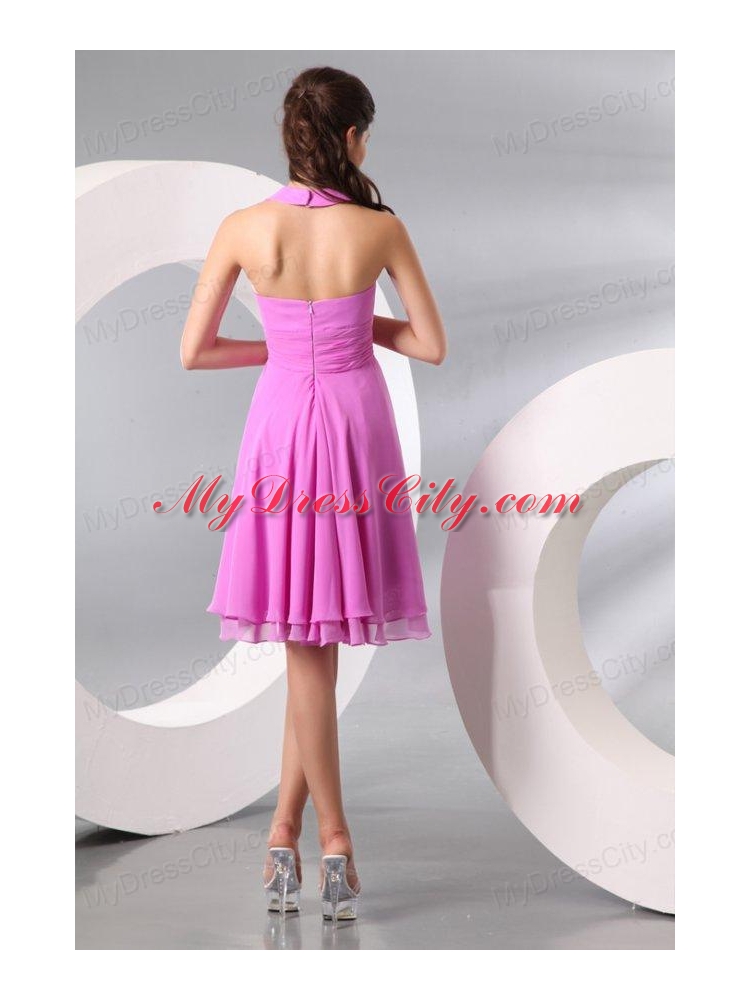 Lilac Halter Top Ruching Knee-length Chiffon Prom Dress