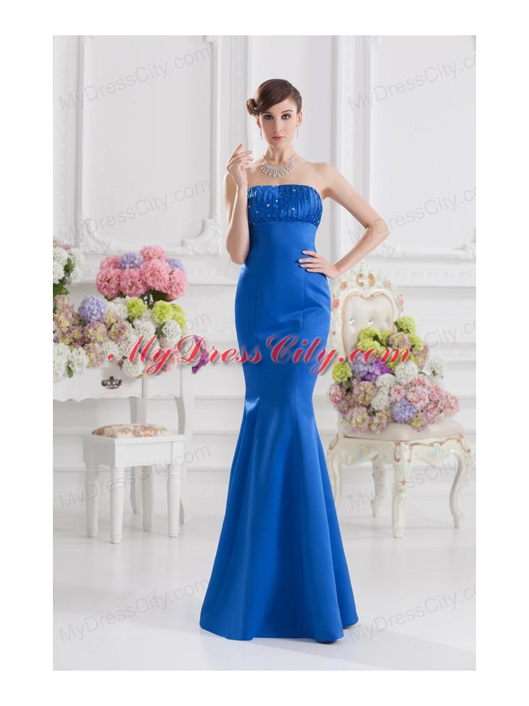 Mermaid Strapless Blue Prom Dress with Ruching and Beading