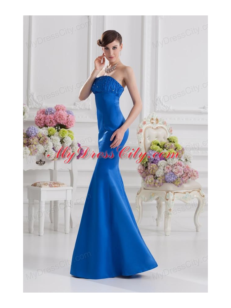 Mermaid Strapless Blue Prom Dress with Ruching and Beading