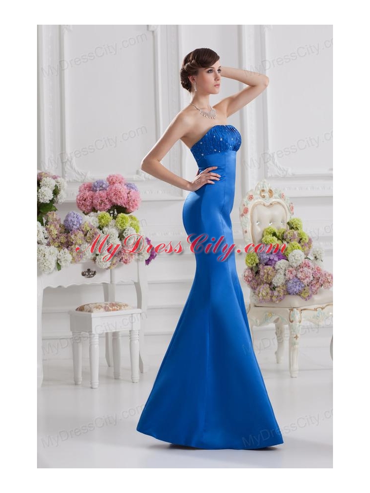 Mermaid Strapless Blue Prom Dress with Ruching and Beading