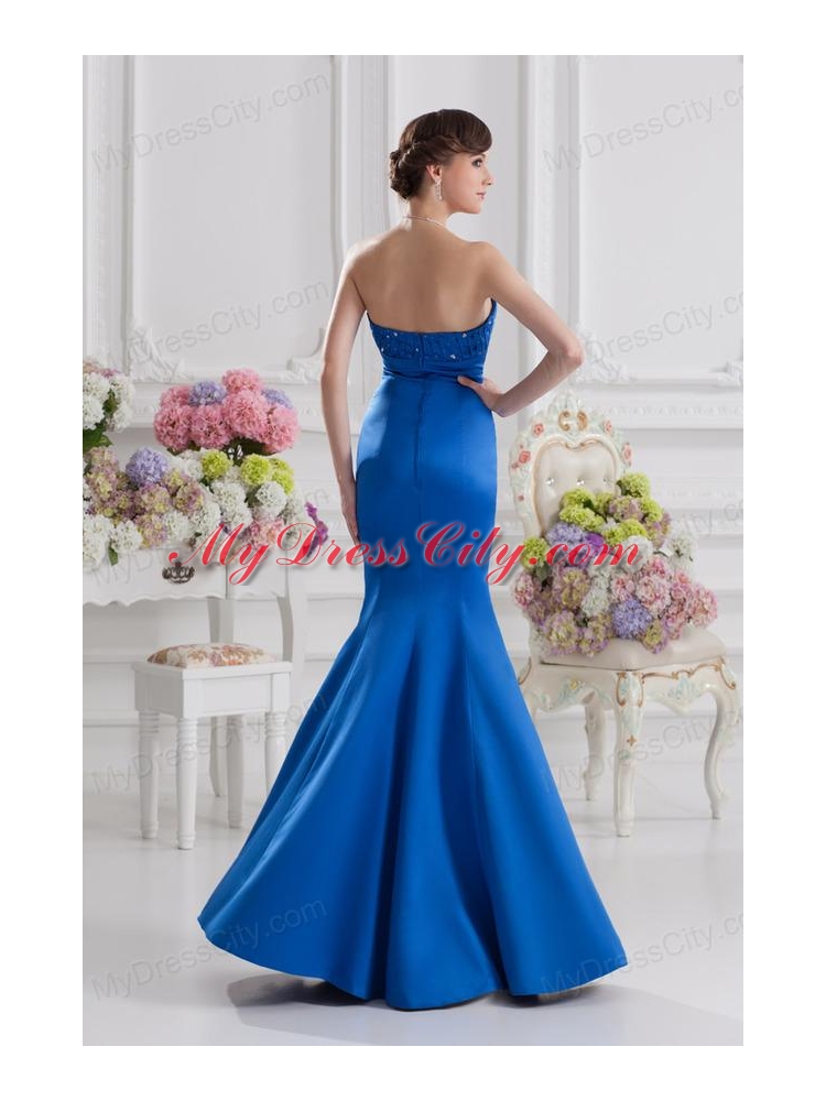 Mermaid Strapless Blue Prom Dress with Ruching and Beading