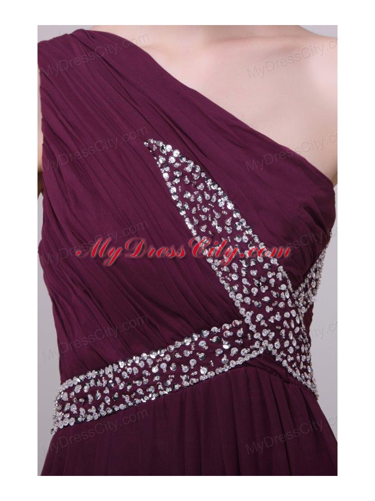 One Shoulder Empire Chiffon Beaded Decorate Full Length Prom Dress